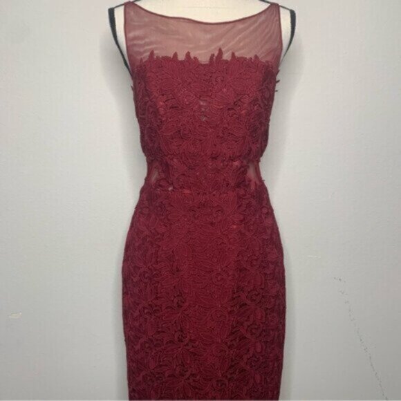 ML Monique Lhuillier Red aromatic Burgundy Illusion Cocktail Dress - Picture 11 of 16